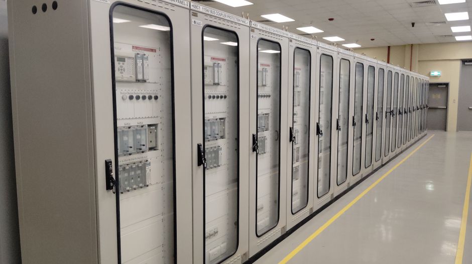 Rows of building and industrial control cabinets