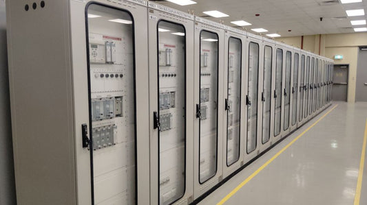 Rows of building and industrial control cabinets