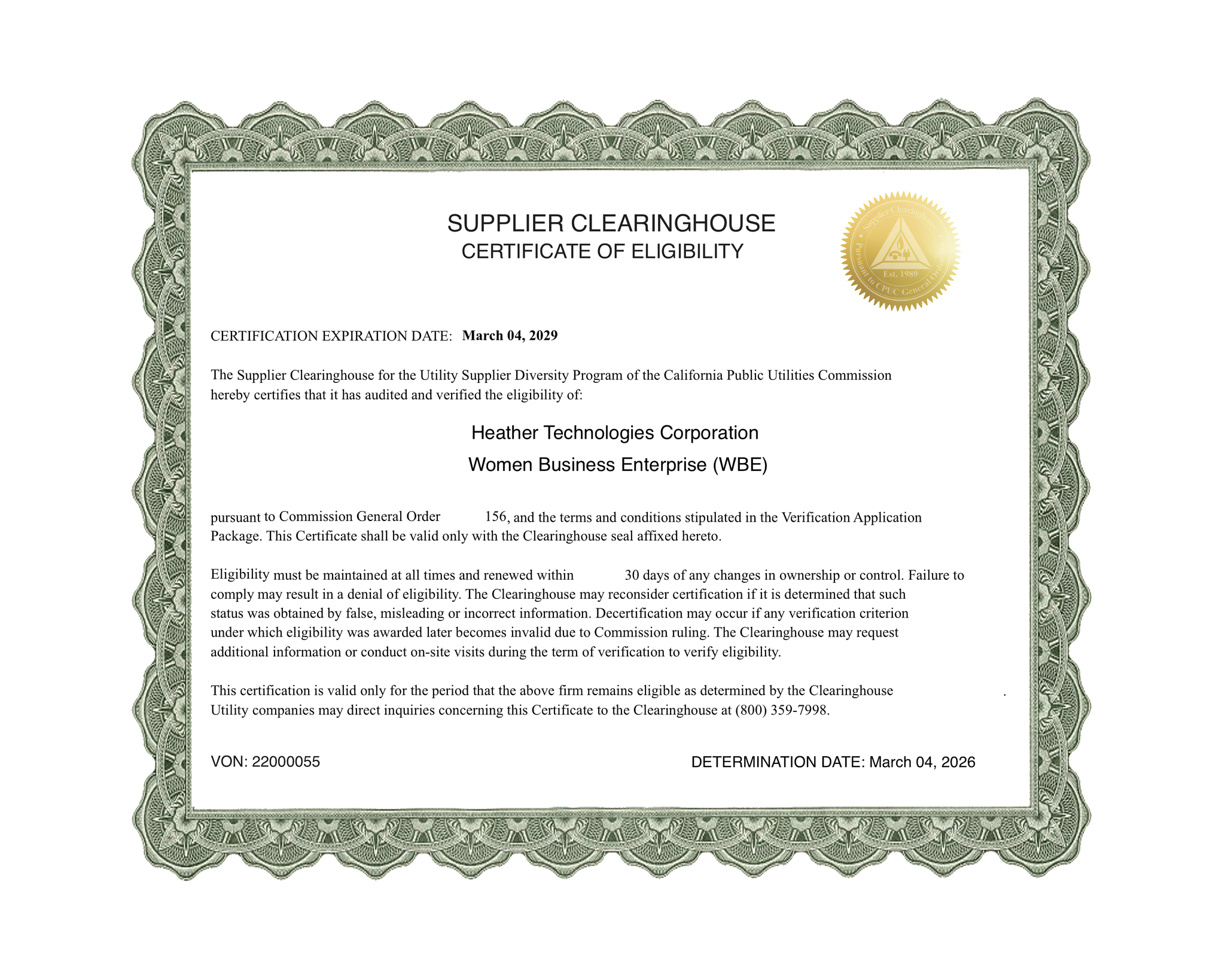 Heather Technologies WBE Certificate
